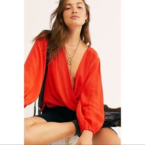 Free People Check On It Deep V-Neck Open Front Wrap Top in Flame Hot Red NEW